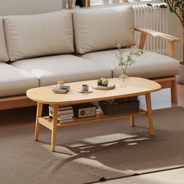 REDOM Salontafel - Ovaal tafelblad met afgeschuinde randen - Open onderblad - Modern - Woonkamer - Bewerkt hout en hout - Natuurlijk hout - 120 x 60 x 42 cm Naturel hout