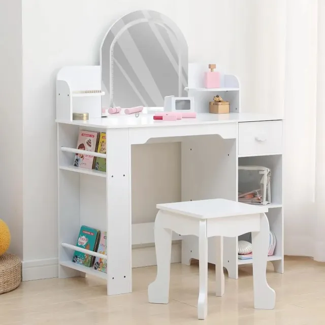 Klarven Kaptafel Kinderen Wit - Kinder Speeltafel met Spiegel en Verlichting - Kids Vanity Table - Rollenspel Meisjes Speelgoed vanaf 3 jaar - Met Laden en Kruk