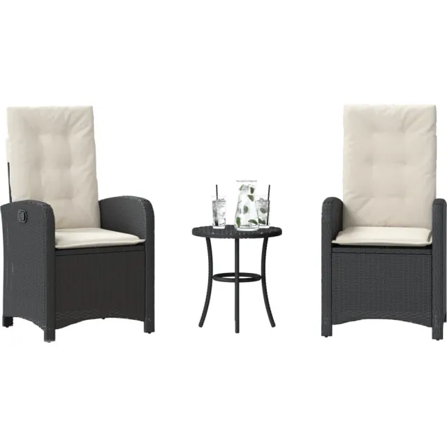 vidaXL 3-delige Bistroset met kussens poly rattan zwart