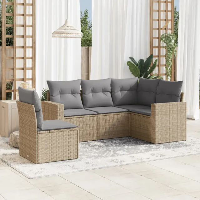 vidaXL 5-delige Loungeset met kussens poly rattan beige, foto 2