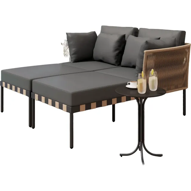 Happiq Tuinmeubelset - Ligbed - Terrasmeubilairset - Modulaire Loungeset met Salontafel - Comfortabele Kussens met Afneembare Hoezen Grijs