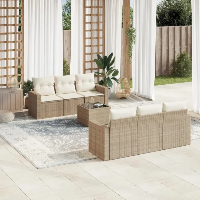 vidaXL 7-delige Loungeset met kussens poly rattan beige, foto 2