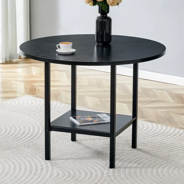 FloraGrace Eettafel Rond Met Opbergrek Zwart Houtnerf En Mat Zwart Metaal Voor 4 Tot 6 Personen 100 X 100 X 77 Cm Black