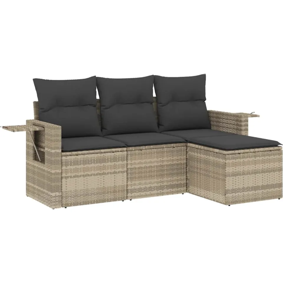vidaXL 4-delige Loungeset met kussens poly rattan lichtgrijs grijs, foto 3