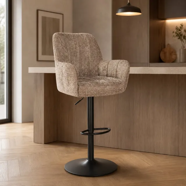 The Seats Barstoel William – Luxe Verstelbare Barkruk – Cremona Stof – 360° Draaibaar - Taupe
