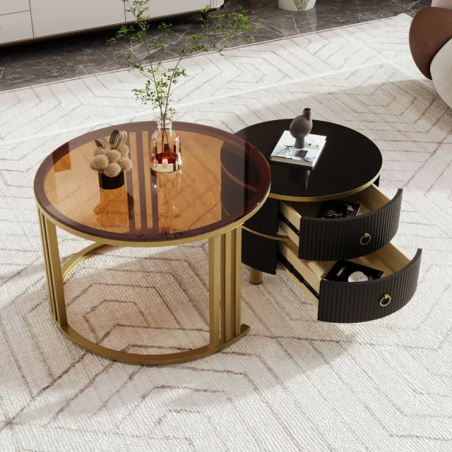 Wishdor Ronde 2-in-1 salontafelset – hoogglans & bruin gehard glas, 2 lades, MDF & massief hout, 70×70/50×50 cm, zwart