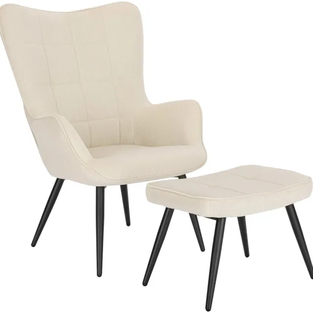 Klarven Relaxstoel Wit crème - Corduroy Relaxstoel - Fauteuil met Voetsteun - Hoge Rugleuning 59 cm - Dikke Corduroy Bekleding - Stevige Metalen Poten - Draagvermogen 100 kg Wit/crème