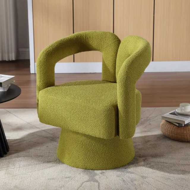 FloraGrace Fauteuil - 67 x 55 x 74 cm - 360 Graden Draaibaar Met Brede Polstering - Voor Woonkamer Of Slaapkamer - Bouclé Stof - Olijfgroen