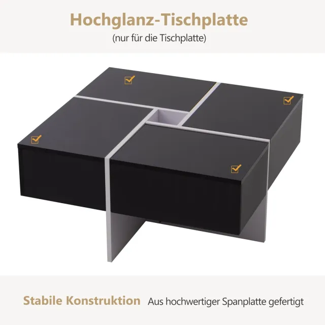 Merax Elegante Hoogglans Salontafel 70x70x35 cm - Zwart - Wit Design met 4 Lades en Ingebouwd Opbergruimte Zwart Wit