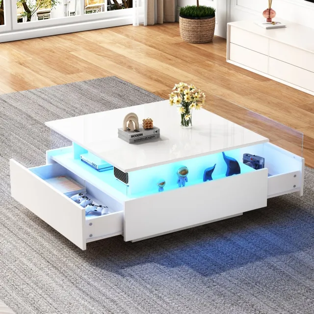 Merax Moderne salontafel 70x70x41 cm - met LED-verlichting - 2 lades en transparante display - wit