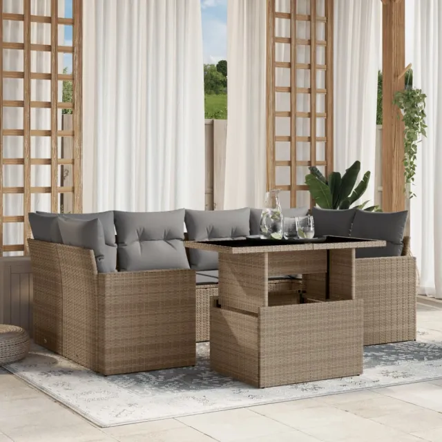 vidaXL 7-delige Loungeset met kussens poly rattan beige, foto 2