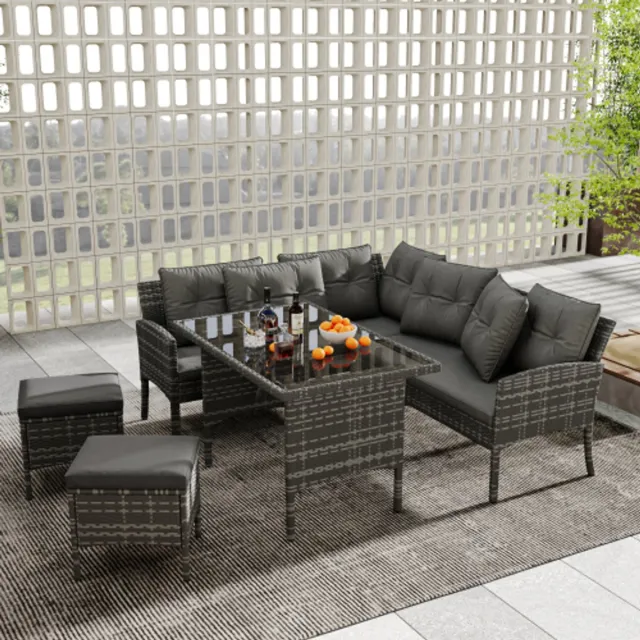 Clruro Poly rotan zitgroep eettafel lounge tuinmeubelen zitset tuin loungeset voor 7 personen, met bank, tafel, kruk & kussens, afneembare en wasbare stoffen hoes, grijs