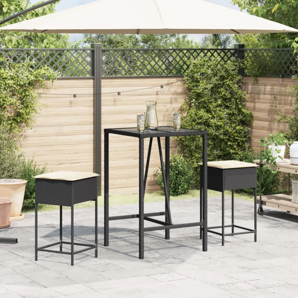 vidaXL 3-delige Tuinbarset met kussens poly rattan zwart, foto 2