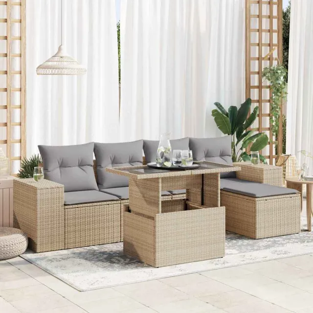vidaXL 6-delige Loungeset met kussens poly rattan beige, foto 2