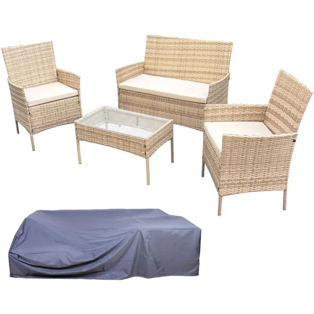 SVITA BROOKLYN 4-delige tuinloungeset - Polyrattan loungemeubilair - Weerbestendig - Voor tuin, terras & balkon - Inclusief kussens & tafel met glasplaat - Beige - Beschermhoes inbegrepen