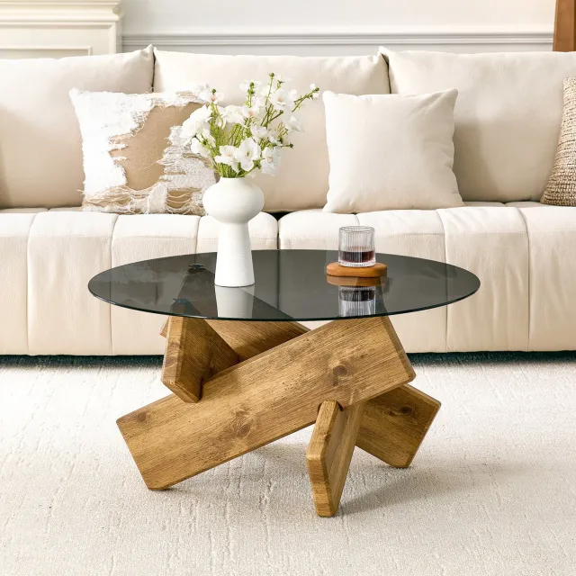 CHICFURN Salontafel 79 cm - rond glazen tafelblad - geometrisch onderstel - woonkamer - MDF en glas - houtkleur