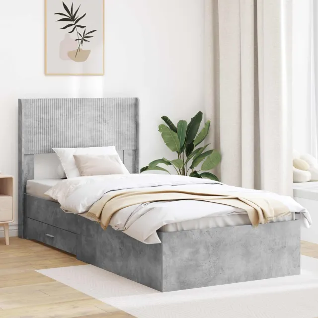 vidaXL Bedframe met opbergruimte en hoofdbord Betongrijs 75 x 190 cm