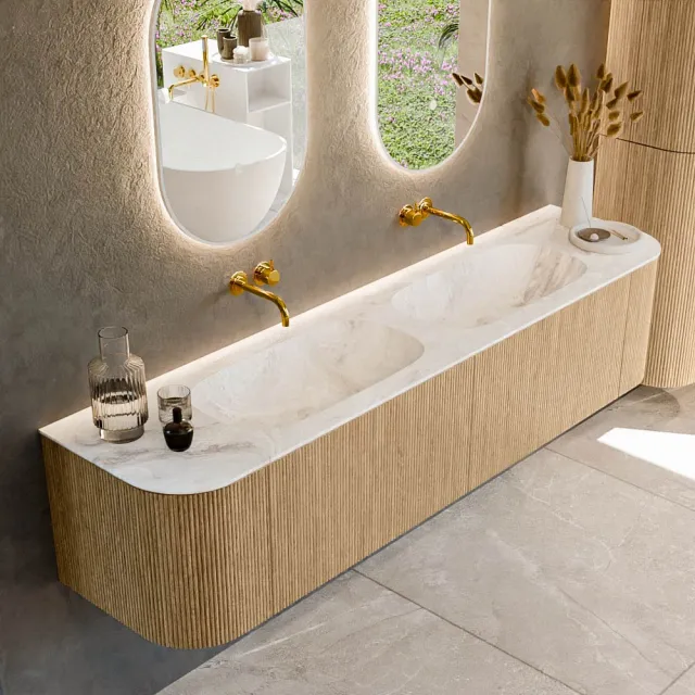 Mondiaz KURVE-DLUX 190 cm Onderkast Greeploos 2 Lades Met Deuren Oak, Wastafel Solid Surface Dubbel Frappe 0 Kraangaten Zonder Spiegel (KRVSTS190L+R2L2D0KD-Oak/Fra)