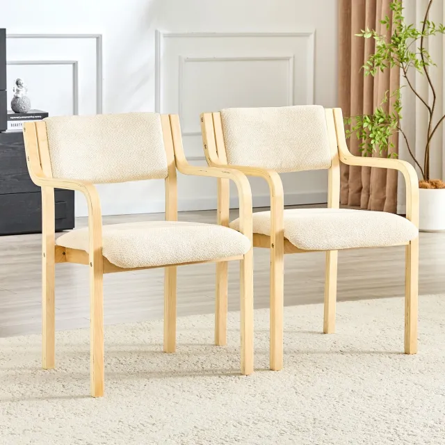 FloraGrace Eetkamerstoel 53 x 45,5 x 77 cm – Set Van 2 Met Armleuningen – Scandinavisch Gebogen Hout En Teddystof – Wit Crème
