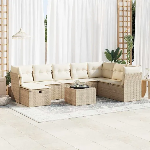 vidaXL 9-delige Loungeset met kussens poly rattan beige, foto 2