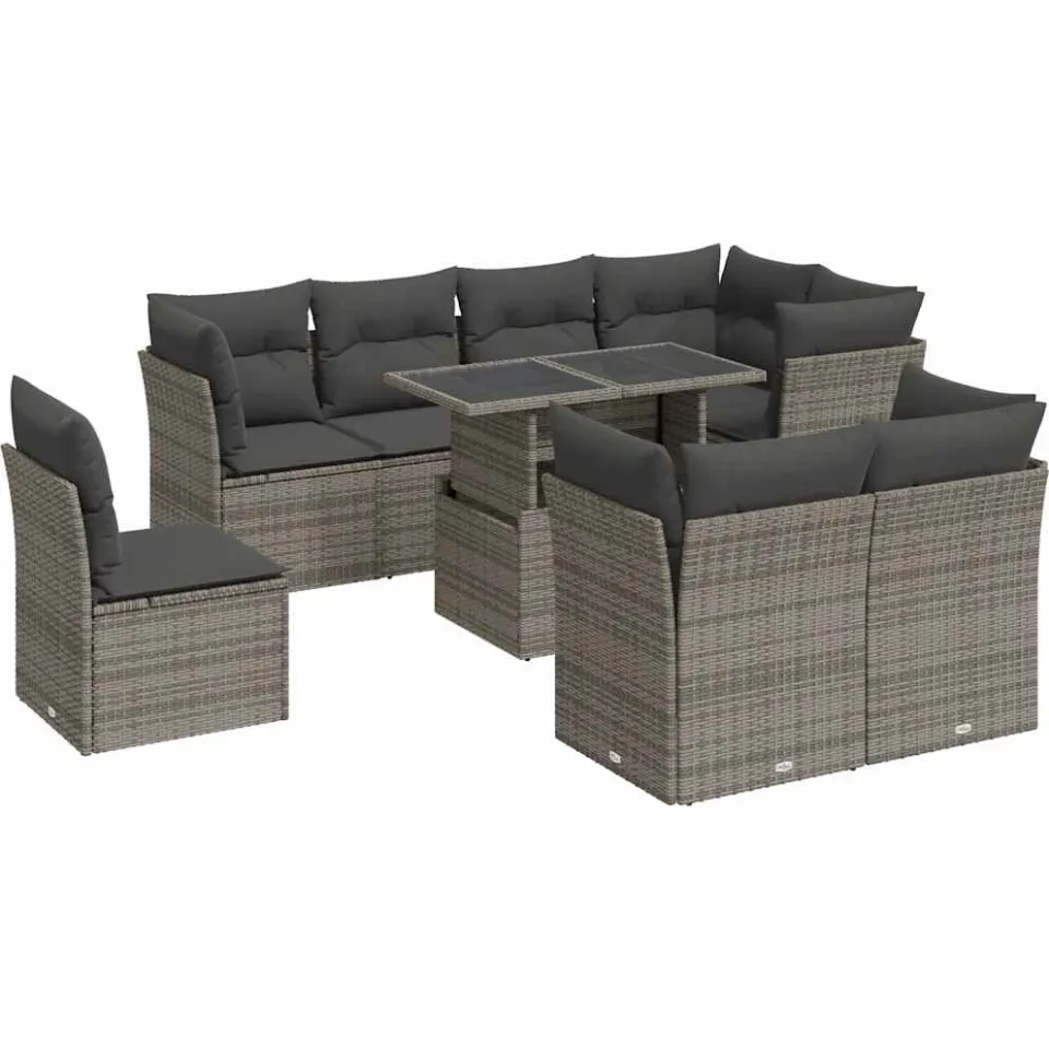 vidaXL 9-delige Loungeset met kussens poly rattan grijs, foto 3