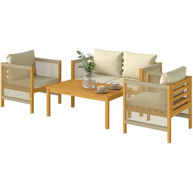ZYLARO Tuinset - Houten Loungeset met 2-Zitsbank, 2 Fauteuils, Salontafel & Kussens - Tuinmeubelset voor 4 Personen - Tuinbank - Zitset - Tuinsalon voor 4 Personen - Zitgroep - voor Terras, Balkon, Tuin - Beige Natuurlijk hout + beige