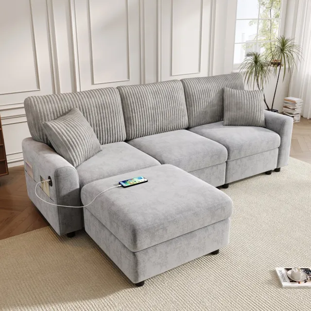 STILVORA Sofa 223 x 146 cm - Met Voetenbank, USB En USB C - Voor Woonkamer En Lounge - Chenille En Ribstof - Grijs