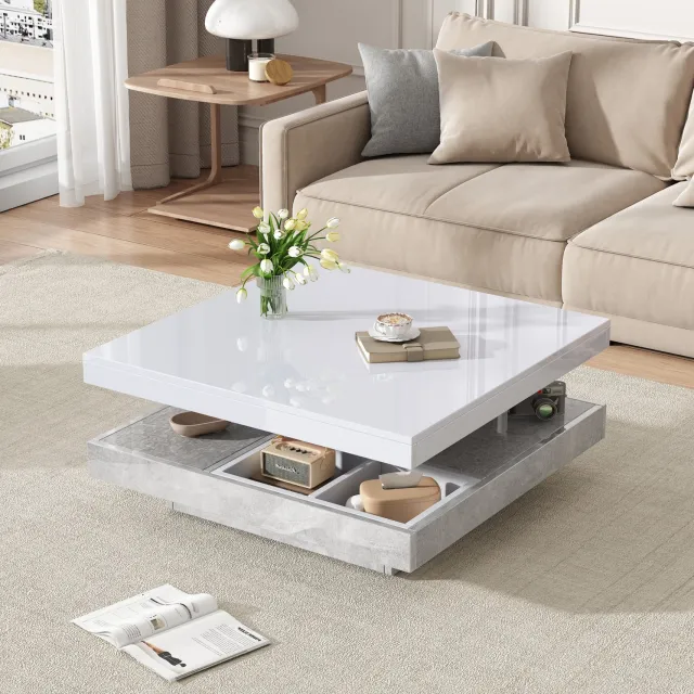 CHICFURN Salontafel - 360° draaibaar - dubbellaags - Wit en marmerkleurig
