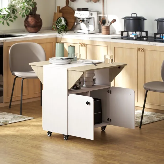 MODFU Klaptafel Met Opbergkast En Wielen - Uitklapbaar - Modern - Keuken Of Eethoek - Hout - Wit - 70 X 83 X 75 Cm