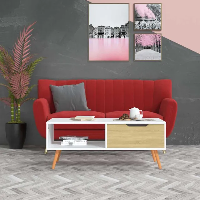 vidaXL Salontafel 100x49,5x43 cm bewerkt hout wit en sonoma eikenkleur Beige