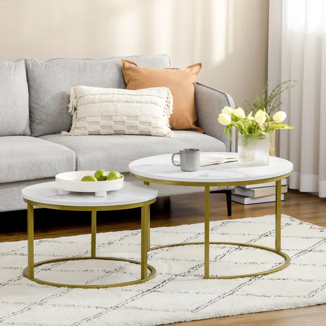 MIVRAY Salontafelset - Ronde Marmerlook Tafels Met Gouden Stalen Frame - Los Of In Elkaar Voor De Woonkamer - Wit Spaanplaat - 74 X 46,3 Cm
