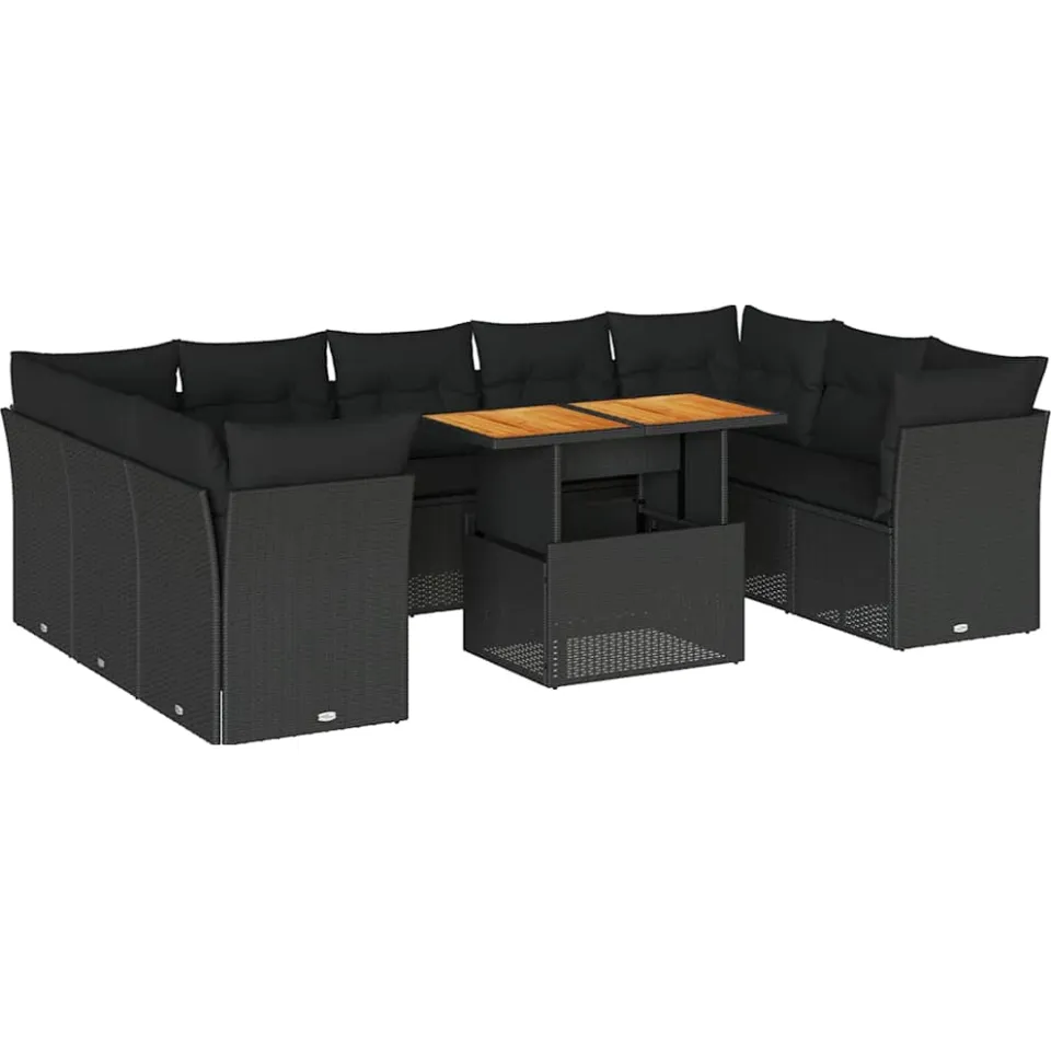 vidaXL 10-delige Loungeset met kussens poly rattan zwart, foto 3