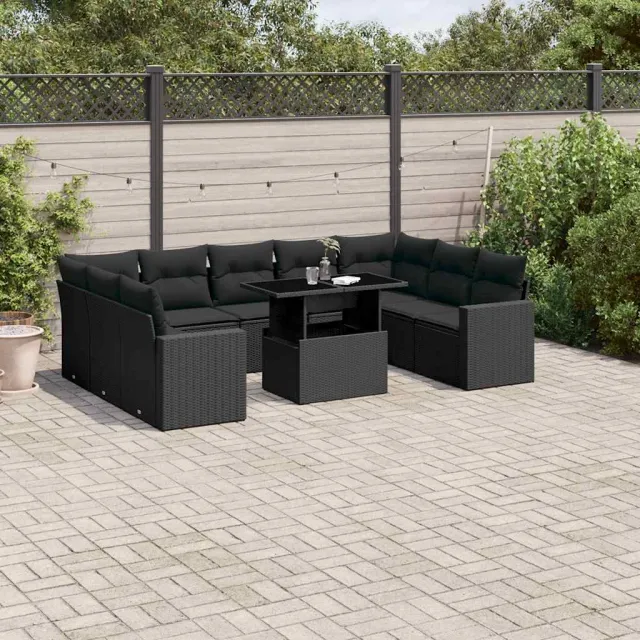 vidaXL 10-delige Loungeset met kussens poly rattan zwart, foto 2