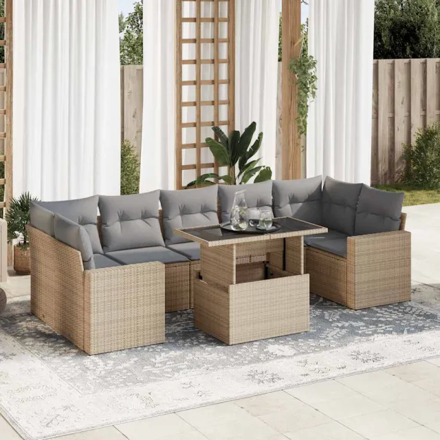 vidaXL 8-delige Loungeset met kussens poly rattan beige, foto 2