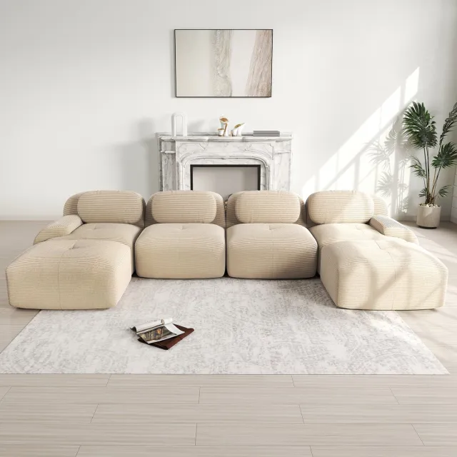 MEUNIQ modulaire U-bank 388 x 178 x 75 cm, zonder montage, ribstof, 32D koudschuim, brede armleuningen, voor woonkamer en slaapkamer, beige
