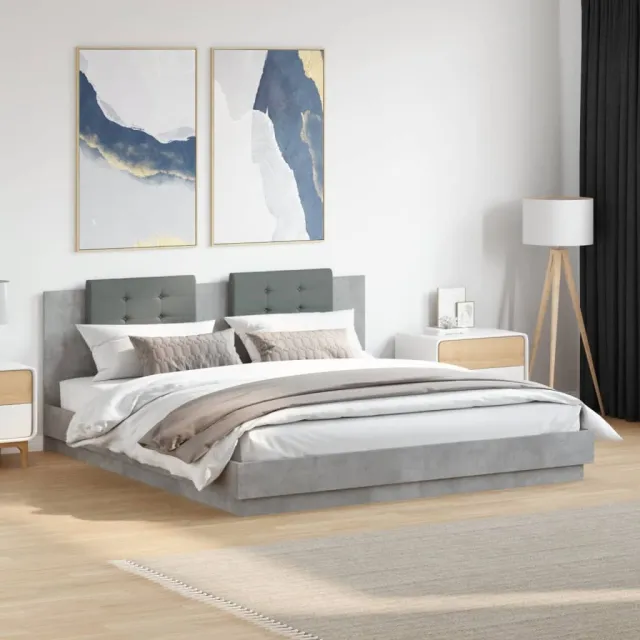 vidaXL Bedframe met hoofdbord en LED-verlichting betongrijs 200x200 cm