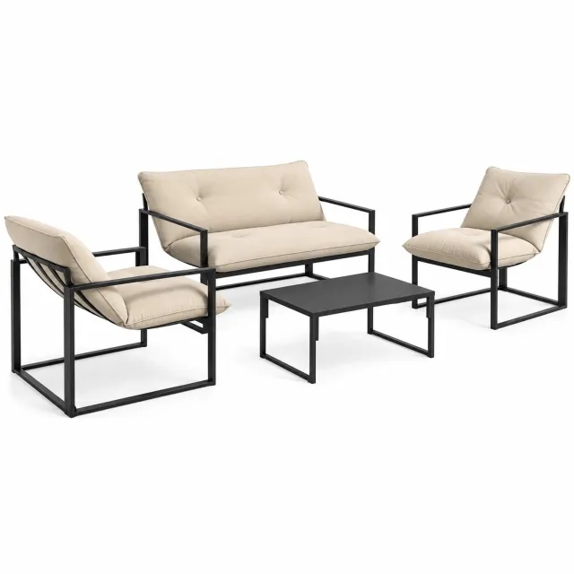 Luxevo 4 Delige Lounge Set – Tuinset voor 4 Personen met Salontafel & Extra Dikke Kussens - Beige