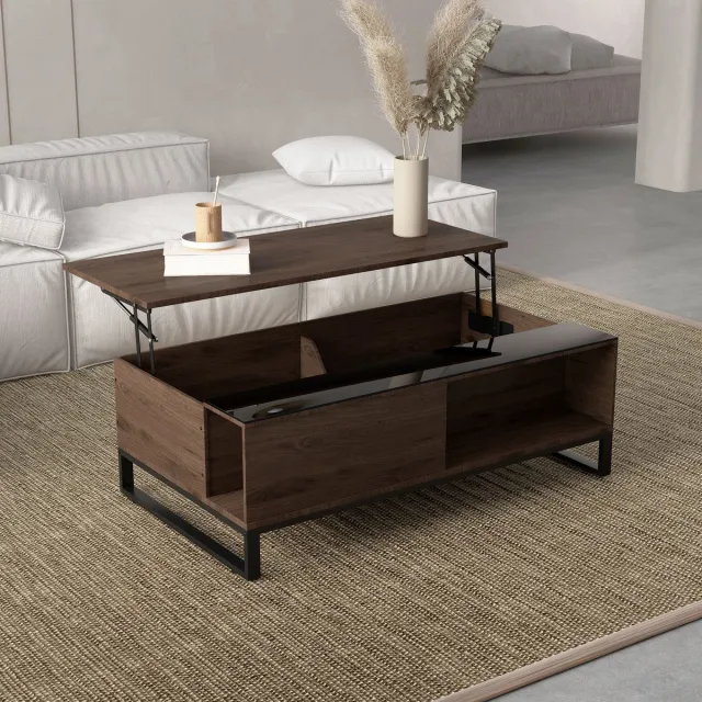 REDOM Salontafel - Hefbaar Tafelblad En Opbergruimte - Modern - Voor Woonkamer - Staal En Glas - Walnootkleur - 102 X 58 X 35,5 Cm Wit