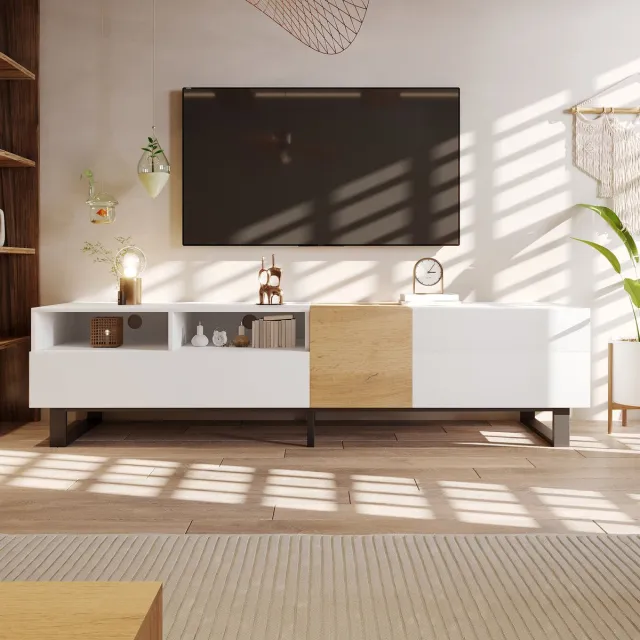 Solvenrik TV-meubel 180 cm Wit & Eiken – Modern TV-kast met Opbergruimte, Schuifladen en Zwarte Metalen Poten