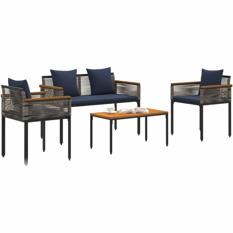 vidaXL Buitenmeubelset met kussen Grijs en Marineblauw poly rattan