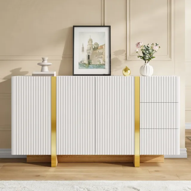 FloraGrace Dressoir - Verticaal Geribbeld Design Met 3 Deuren En 3 Lades - Voor Woonkamer En Hal - Wit - 140 X 36 X 75 Cm