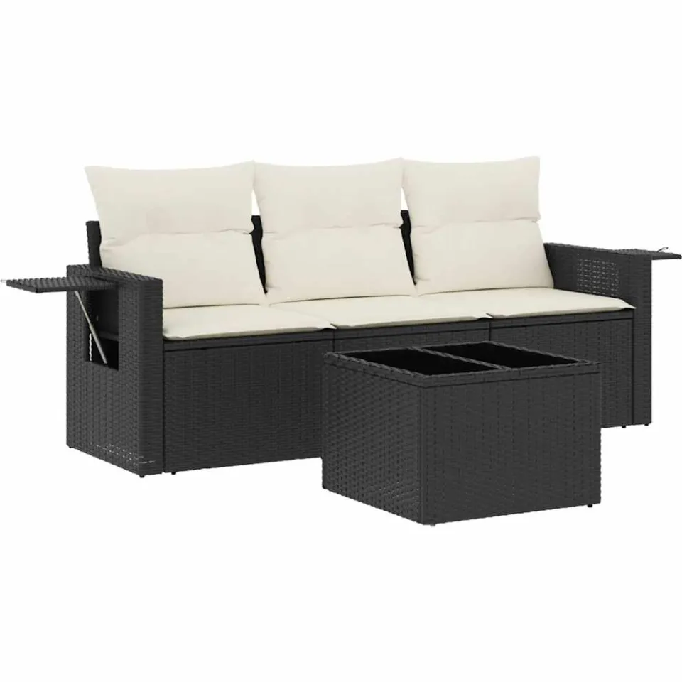 vidaXL 4-delige Loungeset met kussens poly rattan zwart