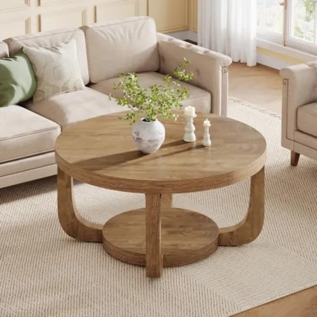 Little Trees LITTLE TREE Ronde Salontafel - 80 x 80 x 40 cm - 2‑laags houten tafel met dik blad en basis - Met opbergruimte voor de woonkamer - Bruin