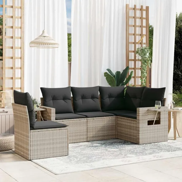 vidaXL 5-delige Loungeset met kussens poly rattan lichtgrijs grijs, foto 2
