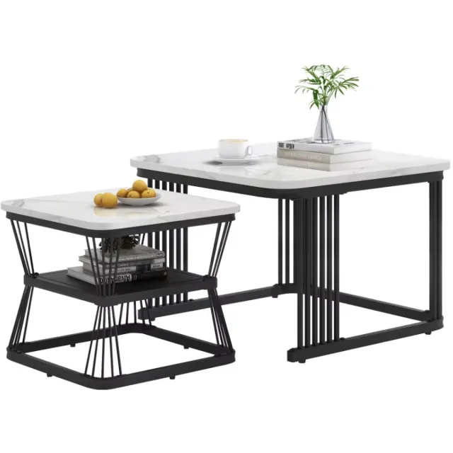 RosaBloom Bijzettafel - Salontafel - Loungetafel - Hoektafel - Set van 2 - 65x65x45 cm & 45x45x39,5 cm - MDF & Staal - Wit & Zwart