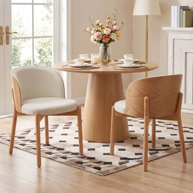 DESMIU Eetkamerstoel - Set Van 2 - Comfortabele Zitting Met Omsluitende Rugleuning - Voor Eetkamer, Woonkamer En Café - Hout En Stof - Naturel