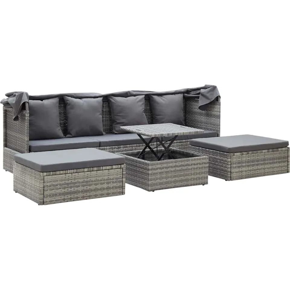 vidaXL Tuinbed met luifel poly rattan gemengd grijs, foto 3