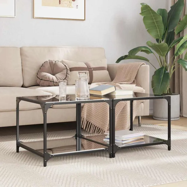 vidaXL Salontafels 2 st met zwart glazen blad 50x50x40 cm staal, foto 2