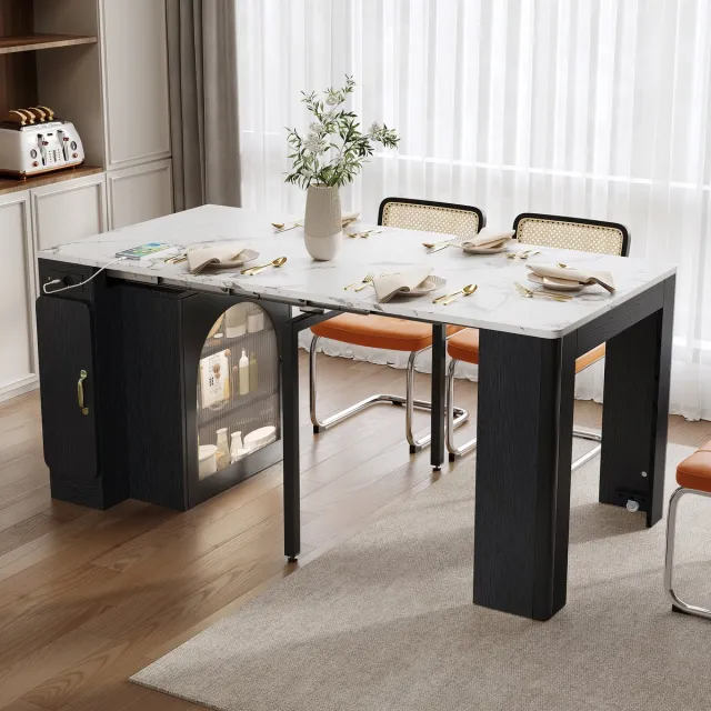 OKWISH Keukeneiland – Uittrekbare Eettafel Met Wielen – LED Kleurverloop + USB/Type-C – MDF Wit+Zwart – 83×39.6~79.6~119.6~149.6×77 cm