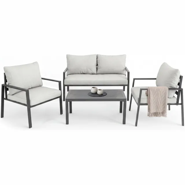 Tectake Aluminium Loungeset Göteborg - Tuinset met 2 Fauteuils - Tuinbank - Bijzettafel - Met Kussens - Zitgroep met Tafel voor Balkon, Tuin, Terras - Tuinmeubels - Weerbestendig - Lichtgrijs